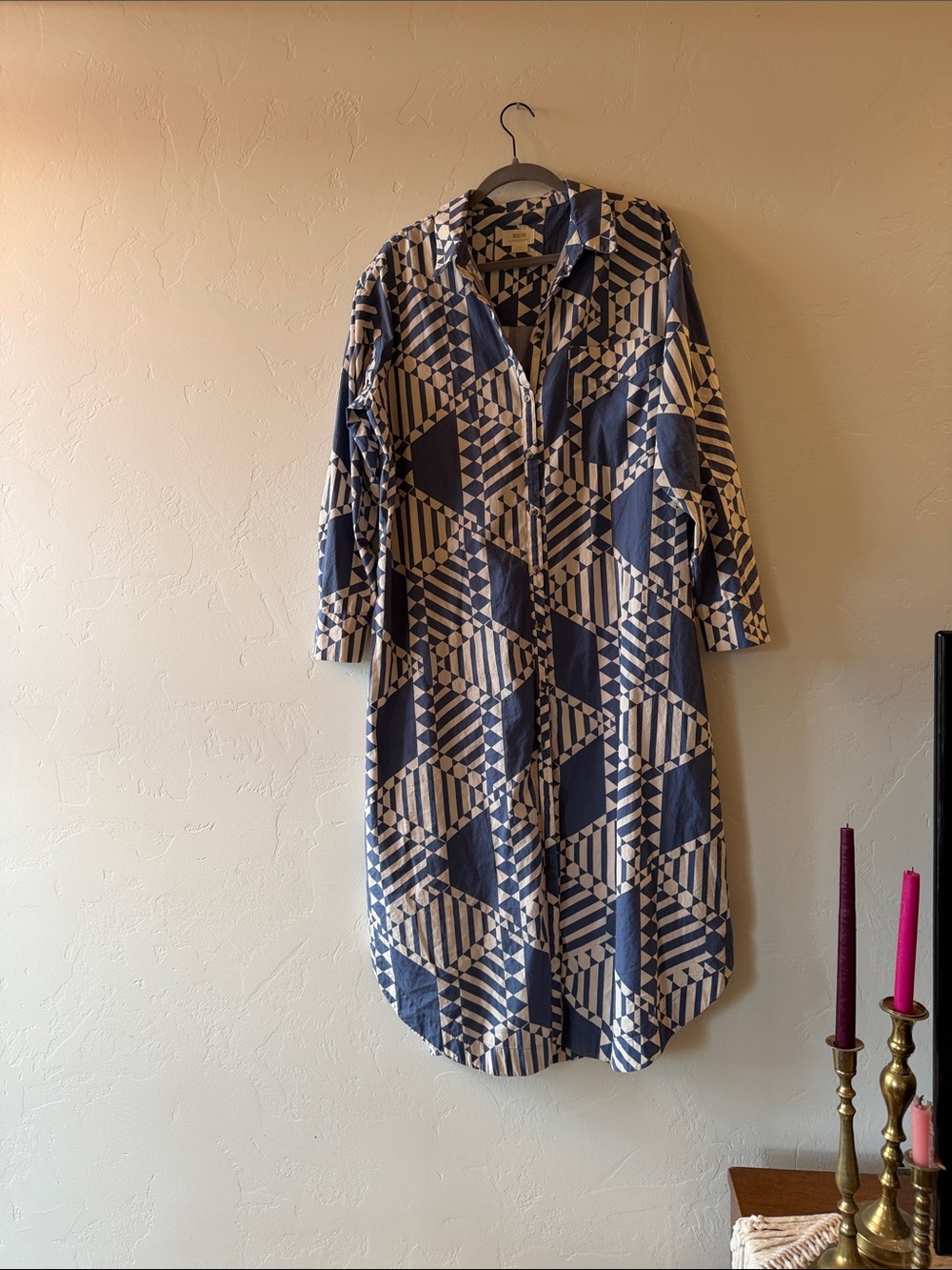 Maeve Navy and Cream Geometric Midi Shirt Dress